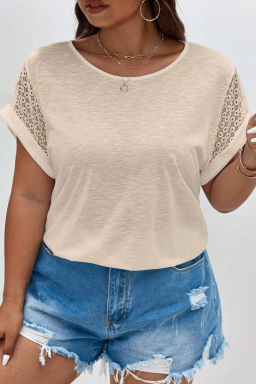 Plus Size Parchment Lace Patchwork Short Sleeve Round Neck  Summer Top