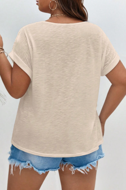 Plus Parchment Lace Patchwork Short Sleeve Round Neck  Summer Top