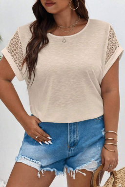 Plus Size Parchment Lace Patchwork Short Sleeve Round Neck  Summer Top