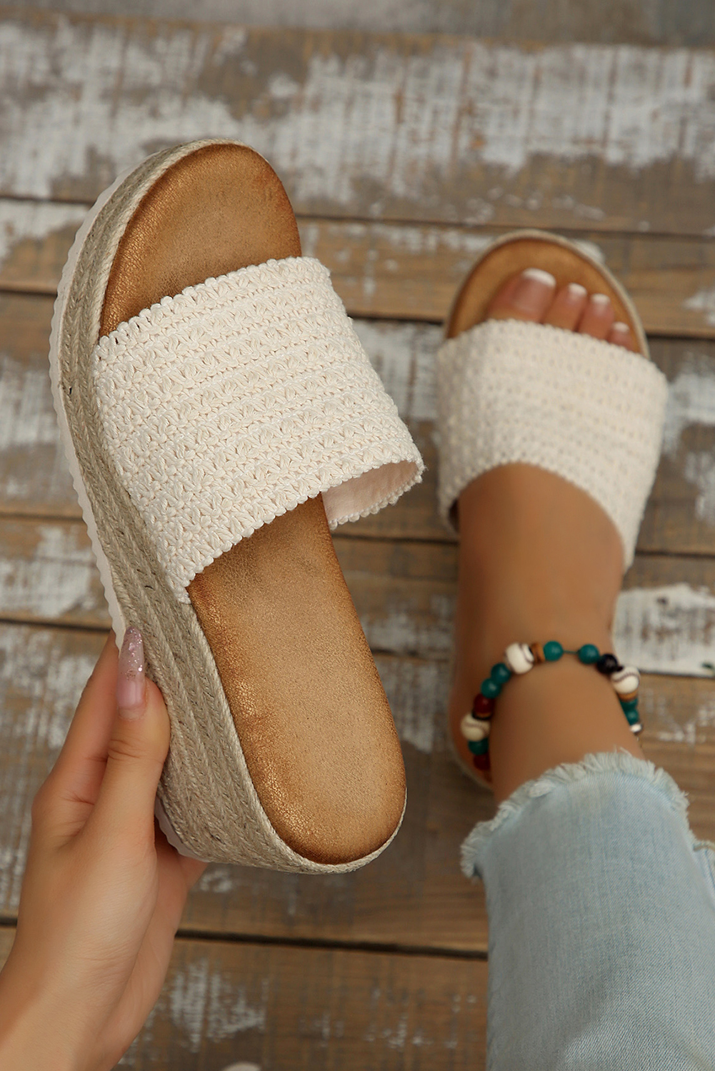 White Woven Wide Band Platform Slippers