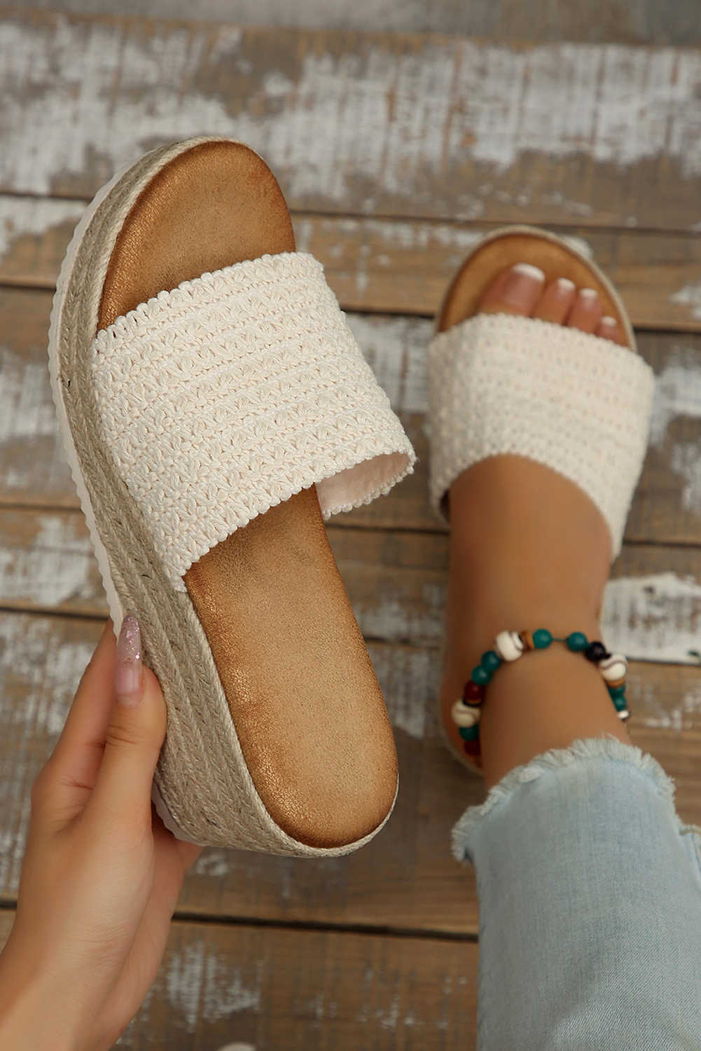 White Woven Wide Band Platform Slippers