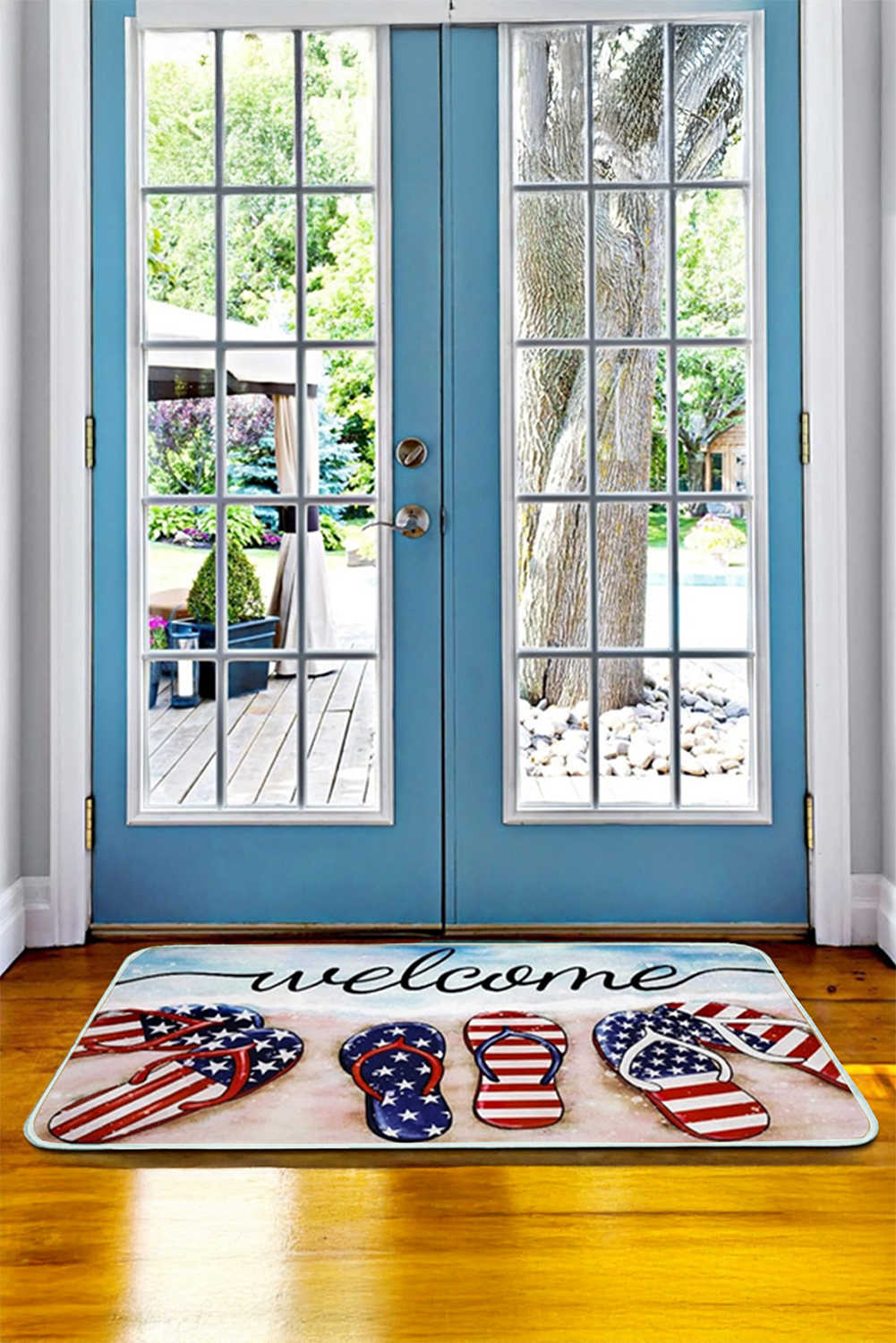 Dark Blue Welcome American Flag Slipper Print Entryway Mat