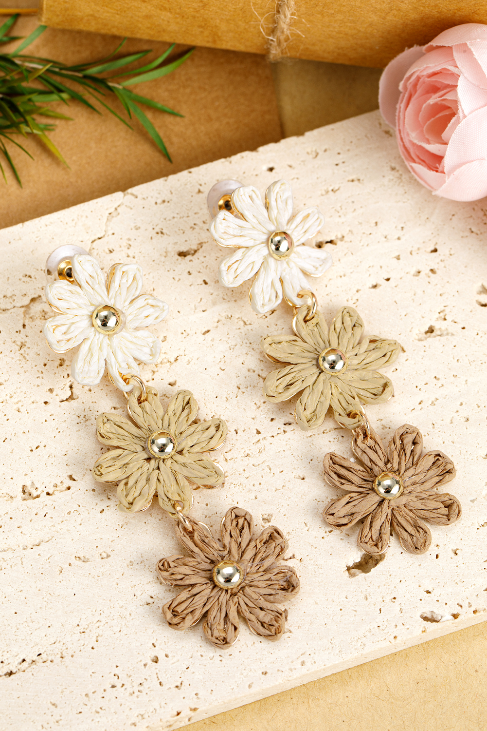 Parchment Crochet Flowers Stud Dangle Earrings