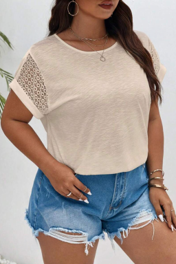 Big Size Parchment Lace Patchwork Short Sleeve Round Neck  Summer Top