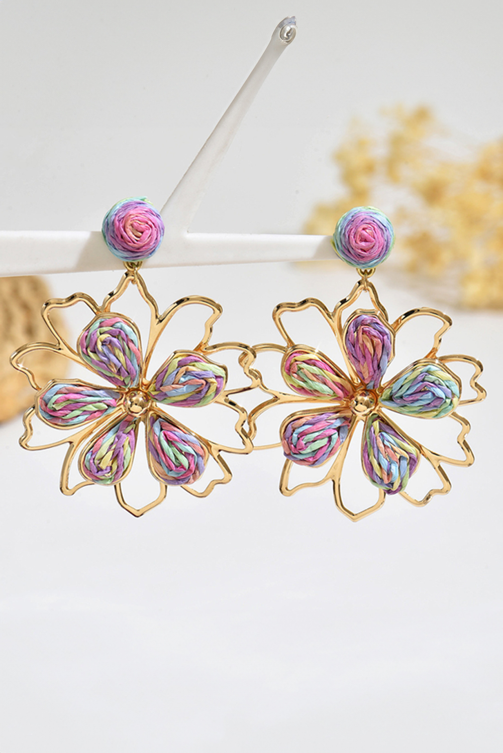 Gold Rainbow Swirl Crochet Flower Shape Drop Earrings