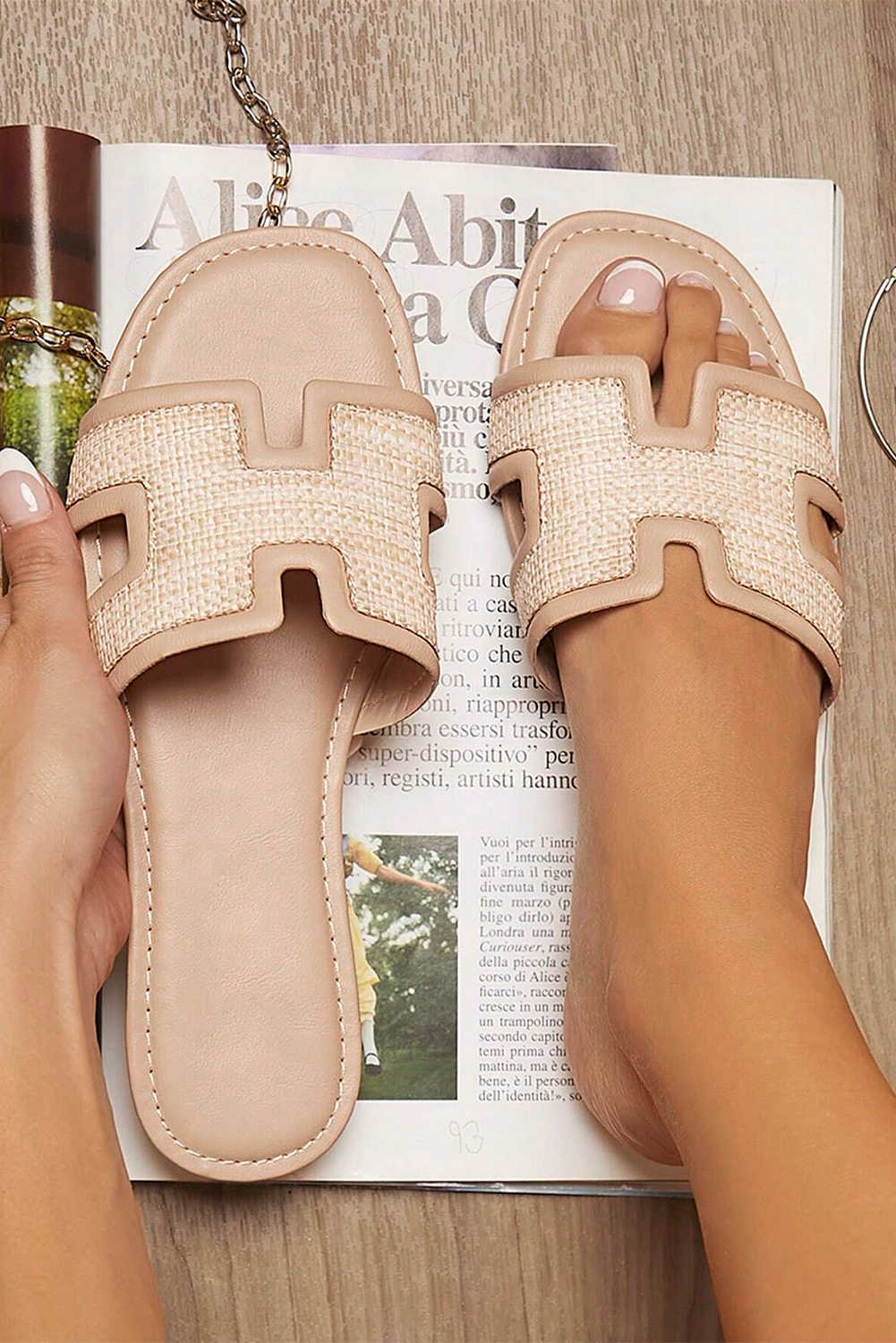 White Faux Raffia Detail Hollowed Open Toe Slippers