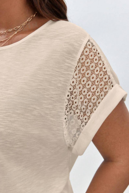 Plus Parchment Lace Patchwork Short Sleeve Round Neck  Summer Top
