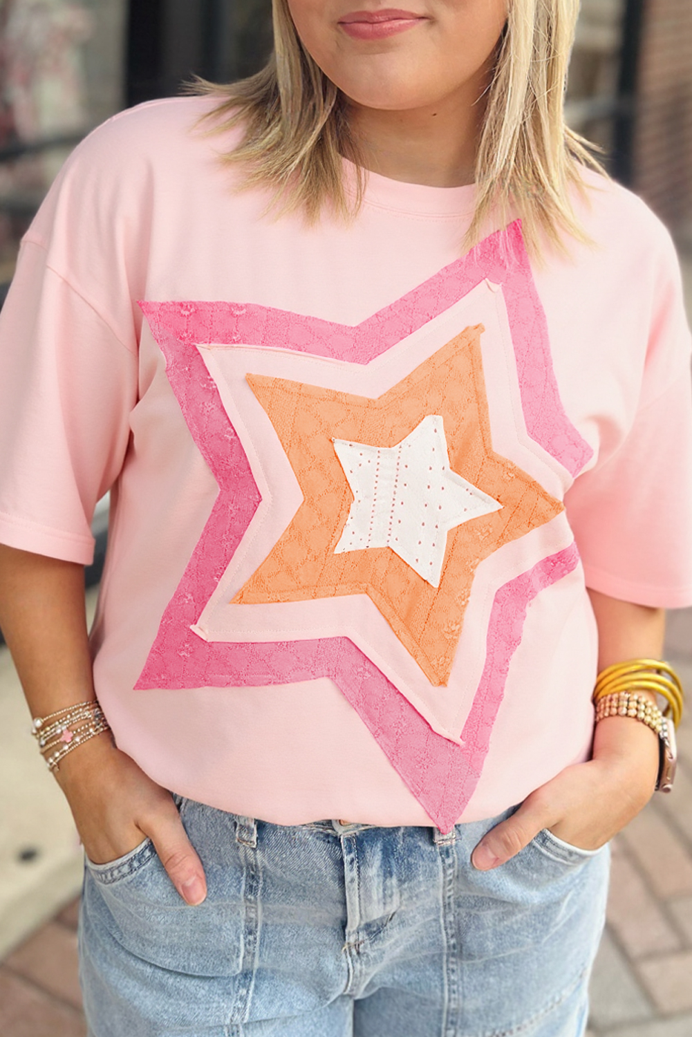 Plus Size Light Pink Eyelet Lace Star Applique  T Shirt