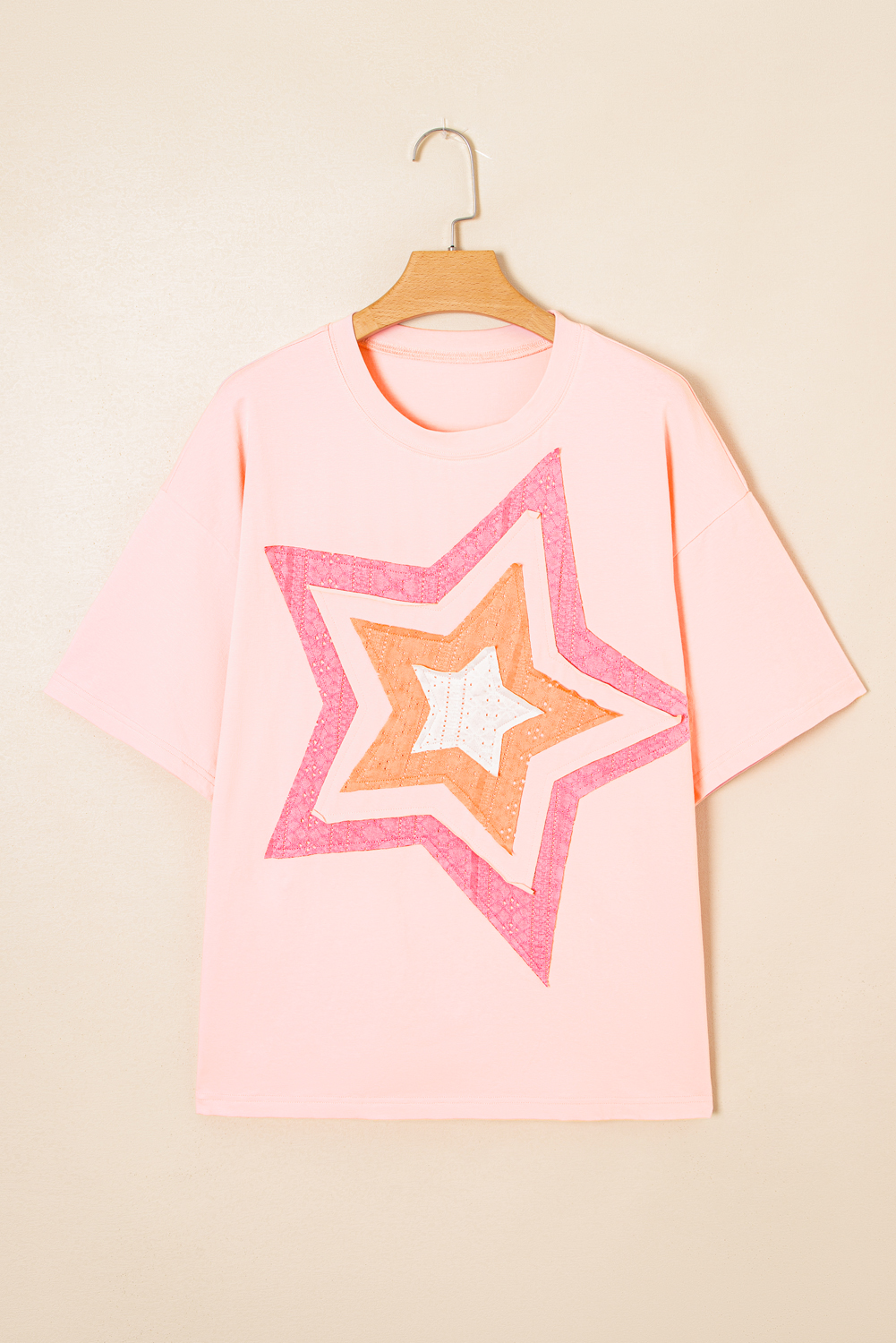 Plus Size Light Pink Eyelet Lace Star Applique  T Shirt
