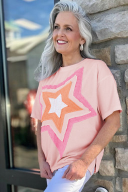 Large Size Light Pink Eyelet Lace Star Applique  T Shirt