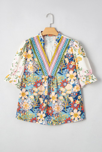 Large Size Multicolour Floral Print Woven V Neck Half Sleeve Blouse