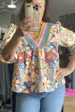 Large Big Size Multicolour Floral Print Woven V Neck Half Sleeve Blouse