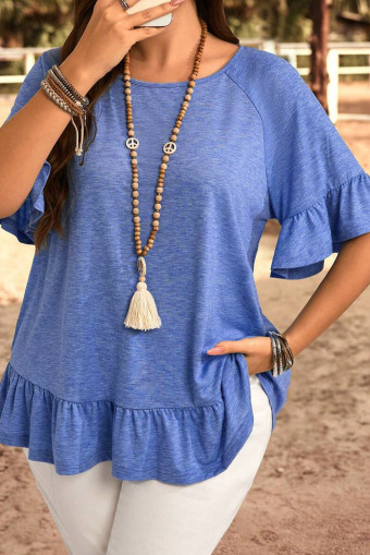 Plus Size Dusk Blue Ruffled Short Sleeve  Casual Blouse