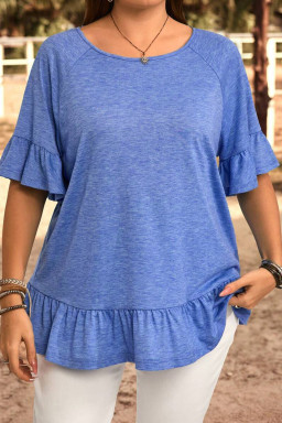Plus Size Dusk Blue Ruffled Short Sleeve  Casual Blouse