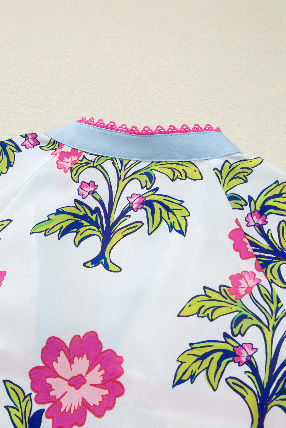 Plus Size Rose Vintage Floral Print Contrast Notched V Neck  Summer Blouse