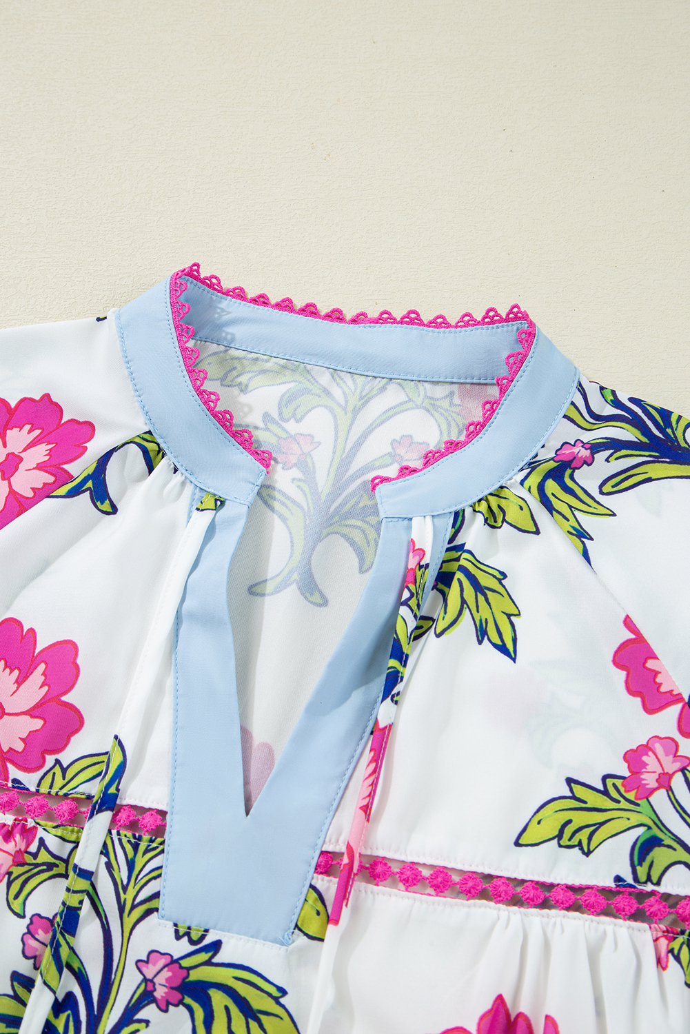 Large Plus Size Rose Vintage Floral Print Contrast Notched V Neck  Summer Blouse