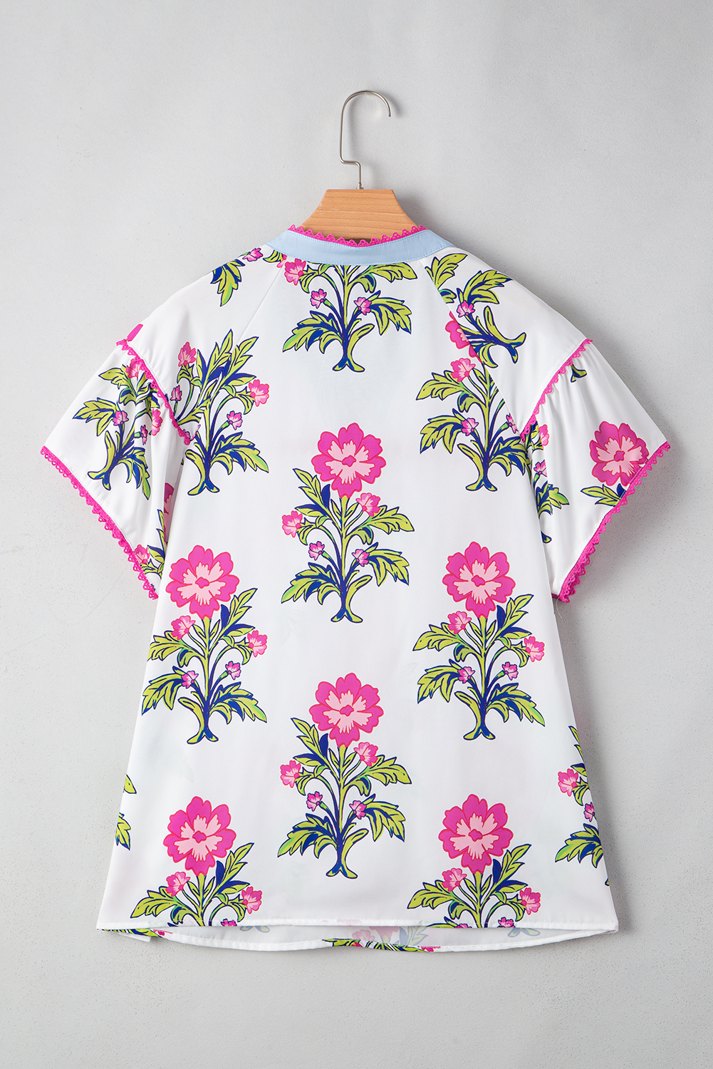 Plus Size Rose Vintage Floral Print Contrast Notched V Neck  Summer Blouse