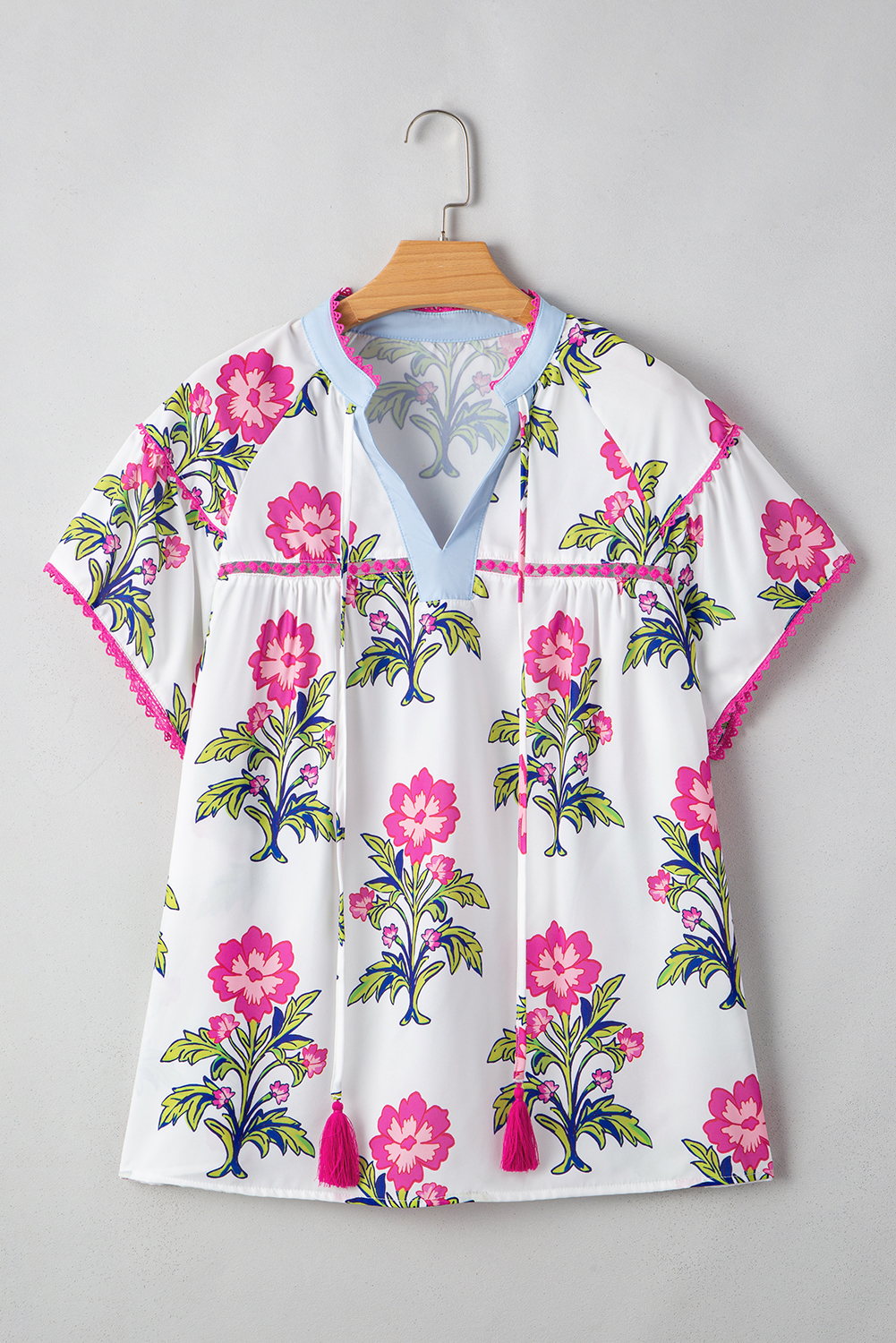 Large Size Rose Vintage Floral Print Contrast Notched V Neck  Summer Blouse