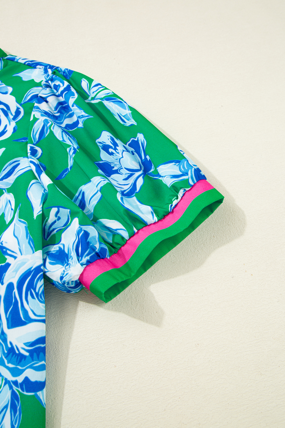 Plus Size Green Floral Print Short Puff Sleeve  Top