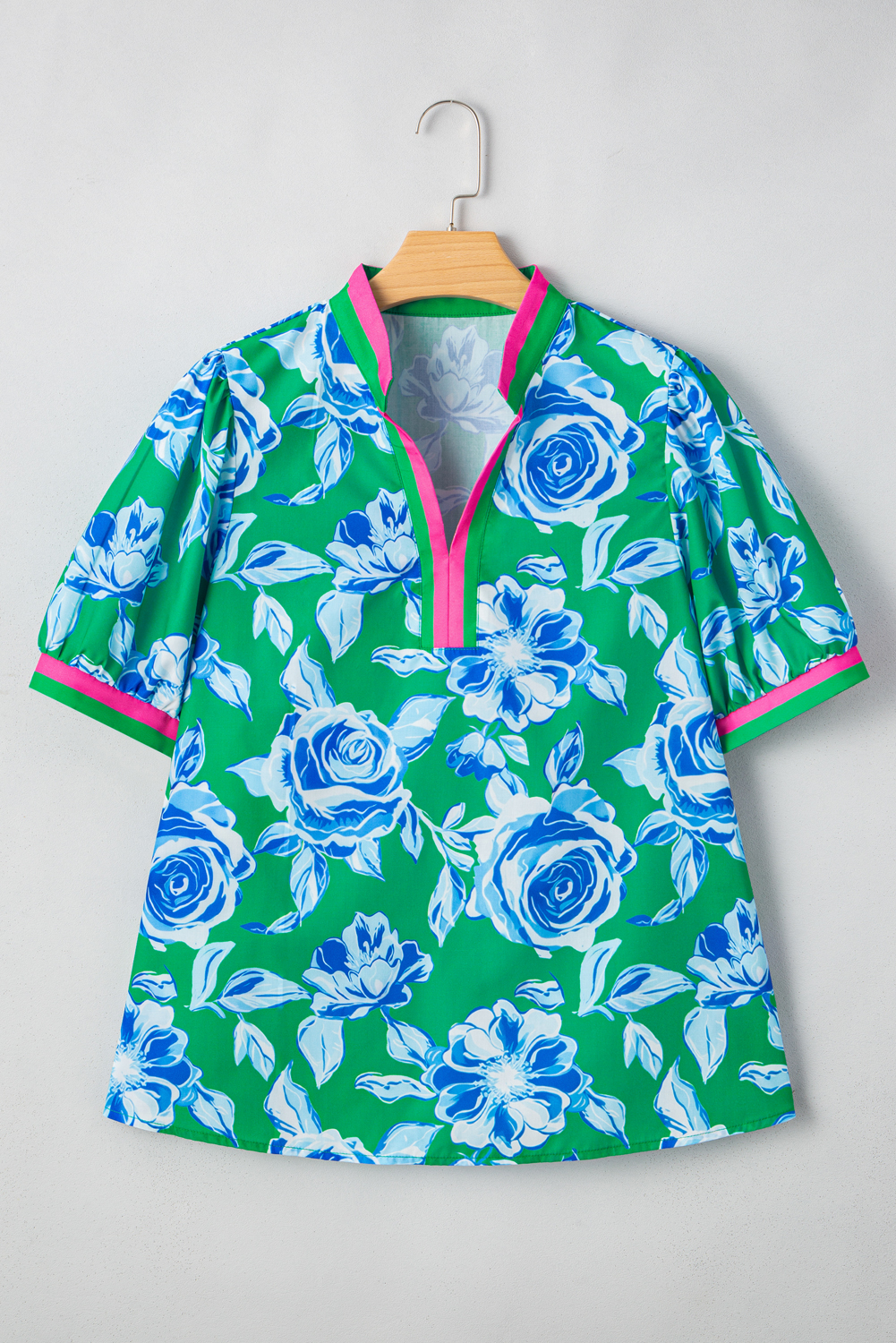 Plus Size Green Floral Print Short Puff Sleeve  Top