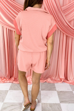 Big Size Orange Stripe Loose Polo T Shirt and Shorts  2pcs Outfit