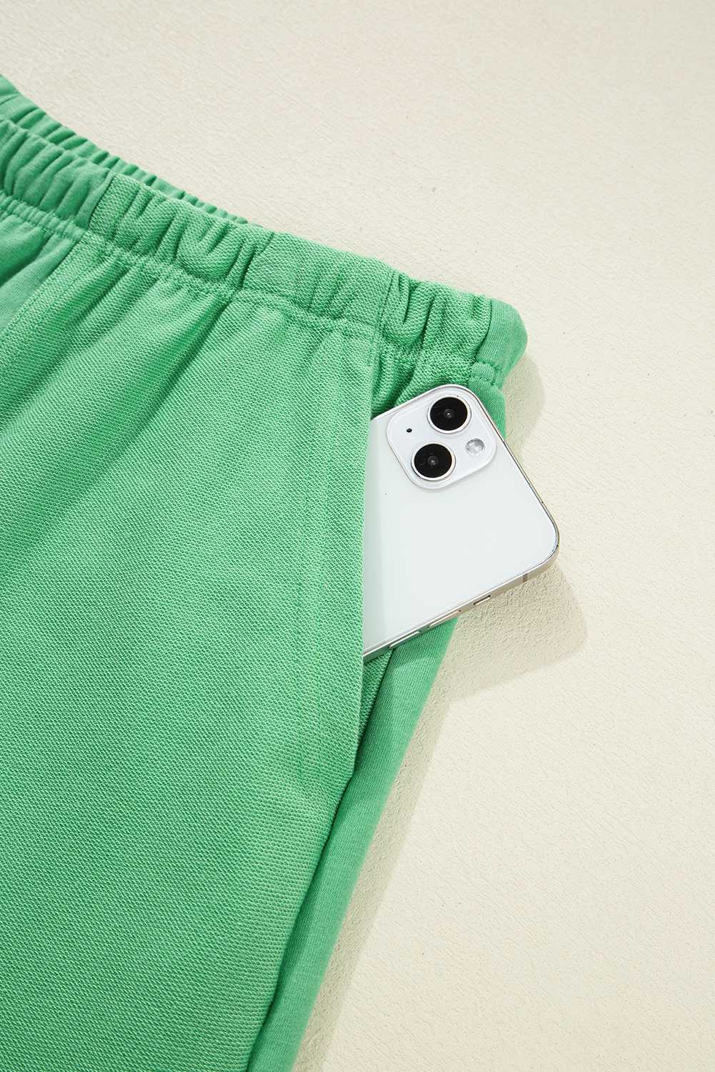 Plus Size Mint Green  V Neck Tee Patched Pocket Drawstring Shorts Set