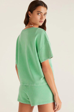 Large Size Mint Green  V Neck Tee Patched Pocket Drawstring Shorts Set