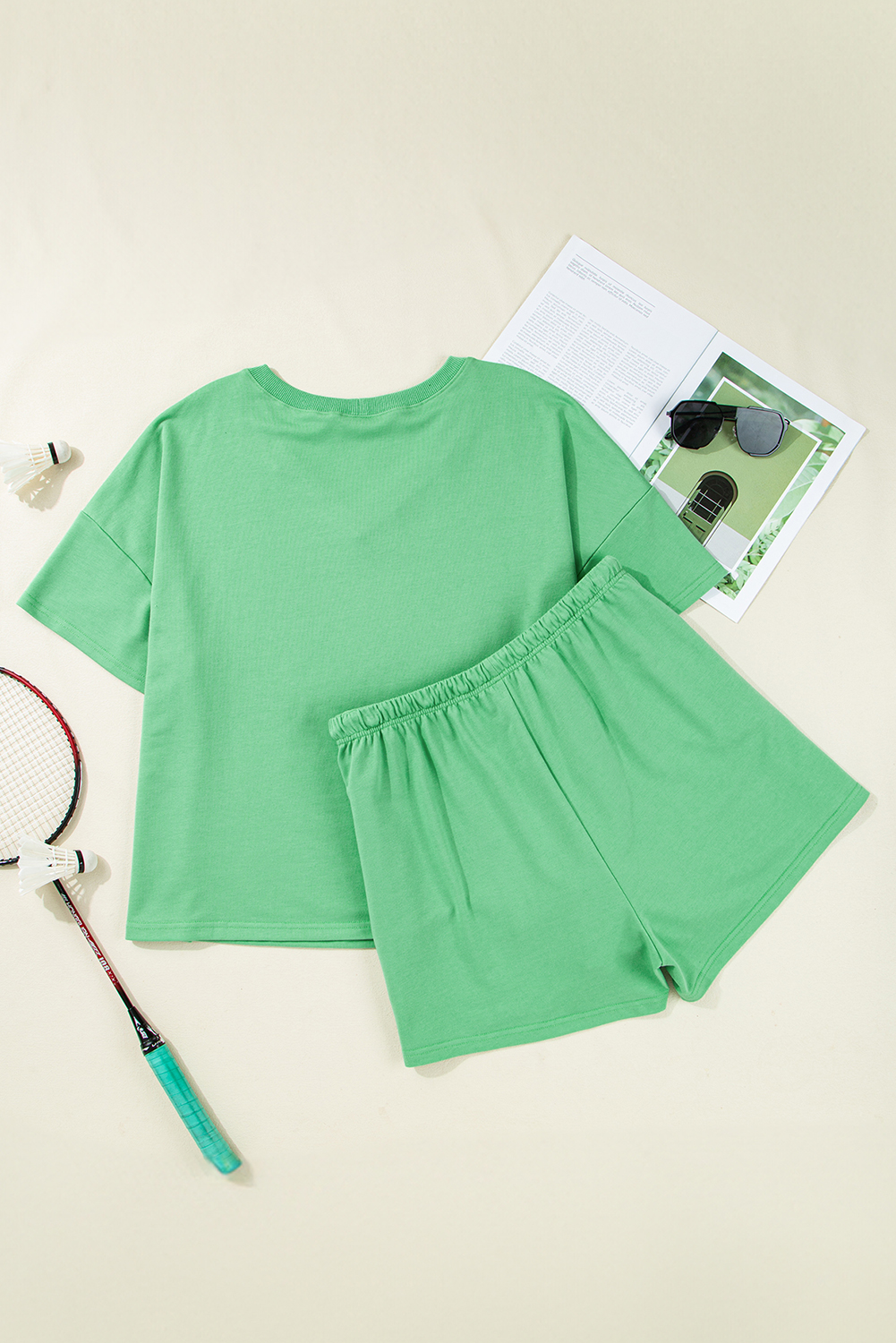 Plus Size Mint Green  V Neck Tee Patched Pocket Drawstring Shorts Set