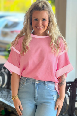 Big Size Peach Blossom Two Tones Patchwork Half Sleeve  T Shirt