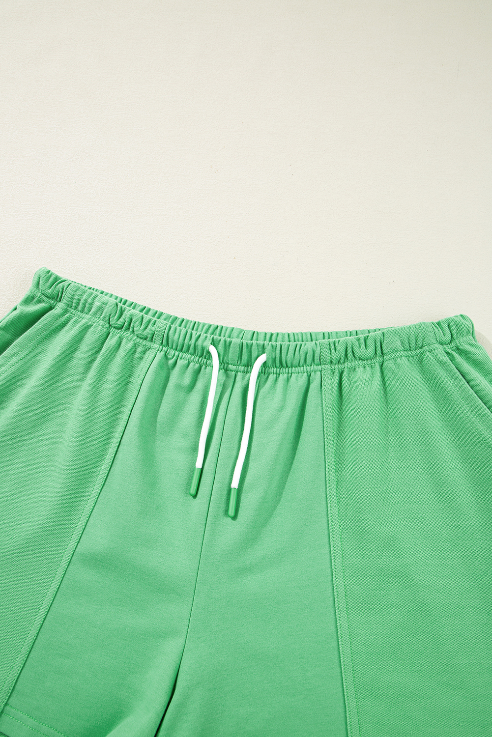 Plus Size Mint Green  V Neck Tee Patched Pocket Drawstring Shorts Set