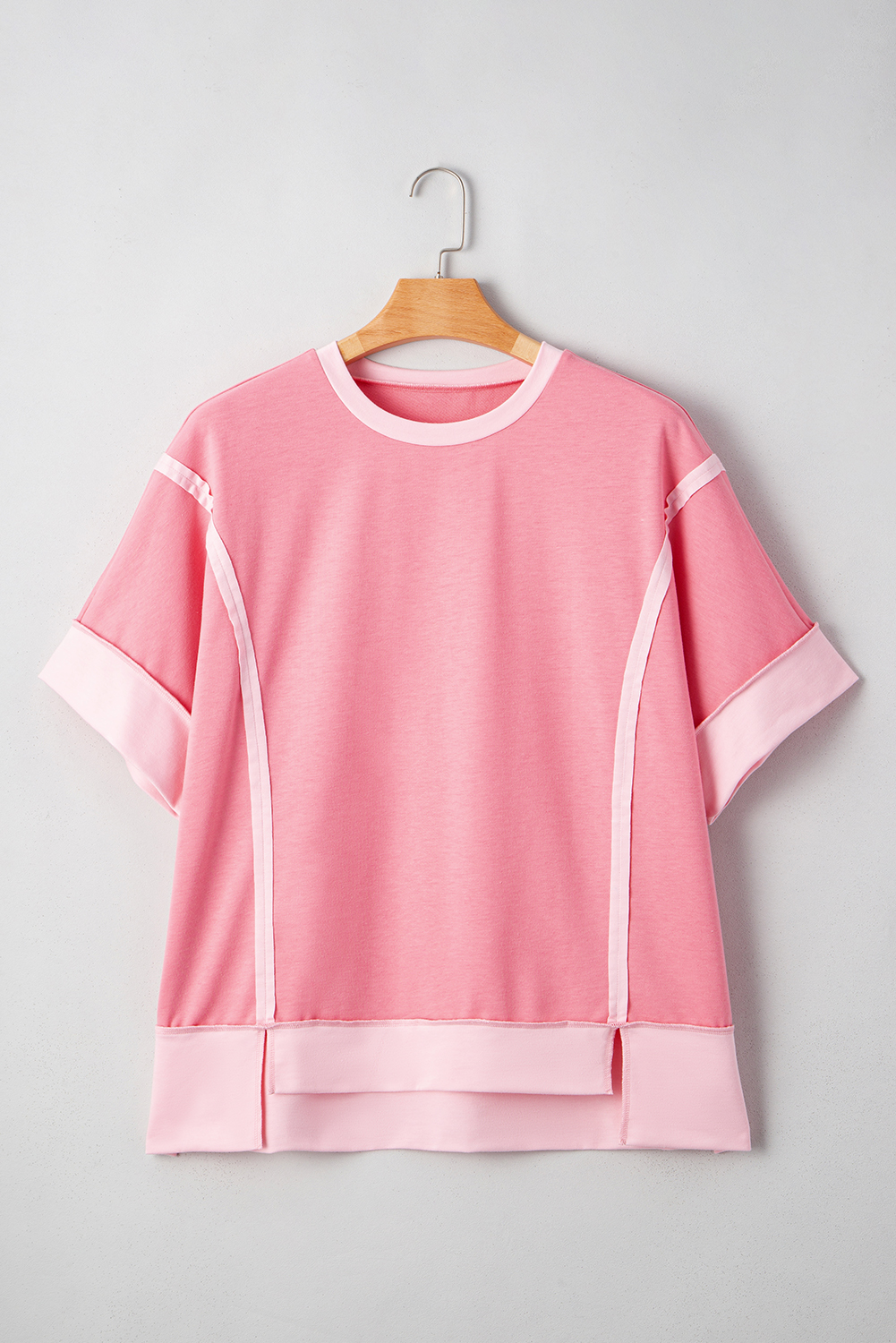 Large Size Peach Blossom Two Tones Patchwork Half Sleeve  T Shirt