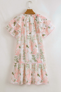 Plus Big Size Pink  Floral Print Striped Detail Short Summer Dress