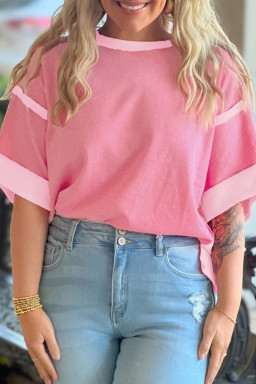 Plus Size Peach Blossom Two Tones Patchwork Half Sleeve  T Shirt