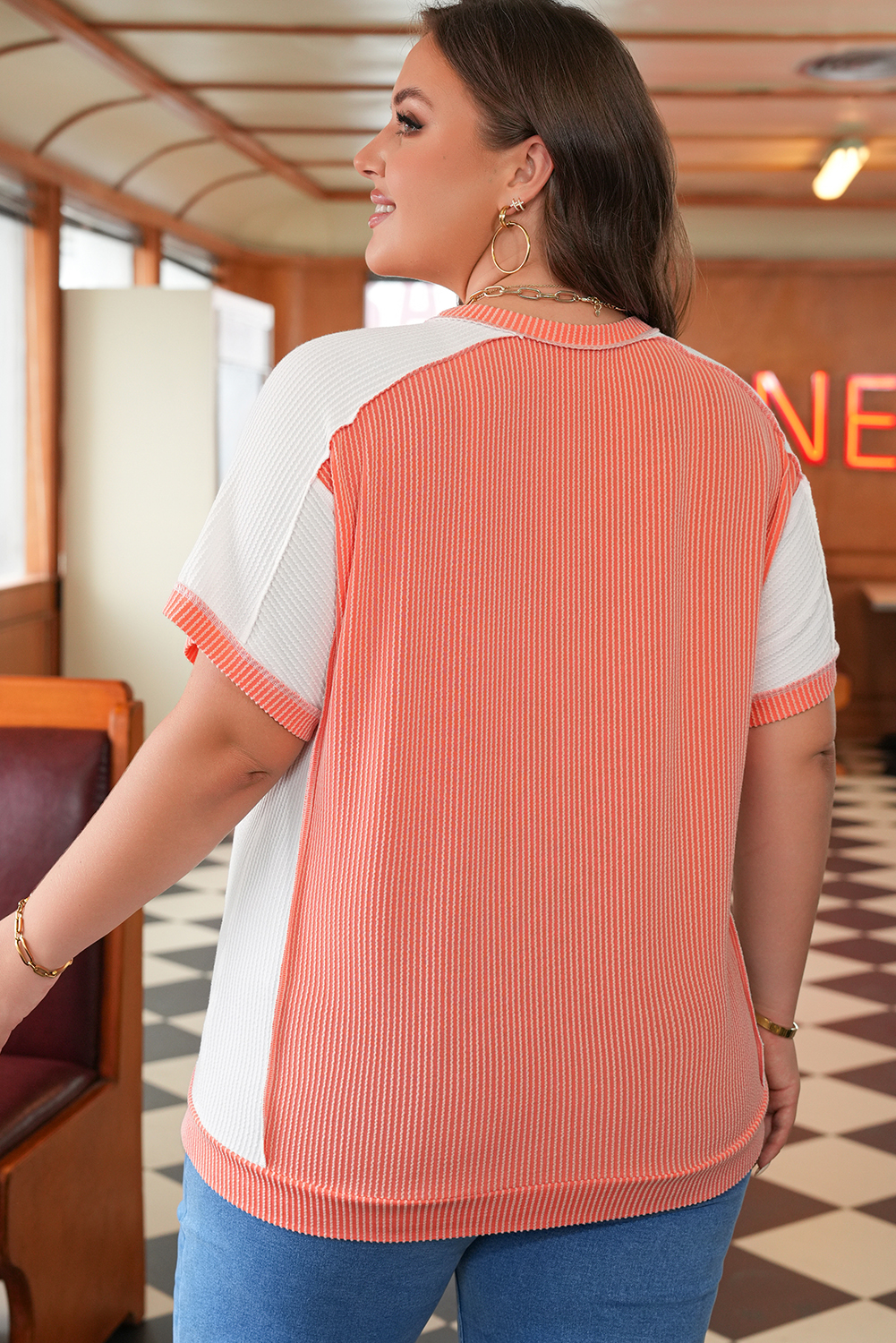 Plus Size Carrot Twist Rib Colorblock Hi Low  Short Sleeve Top