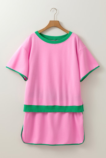 Plus Size Bonbon  Contrast Trim T Shirt and Skirt Two Piece Set