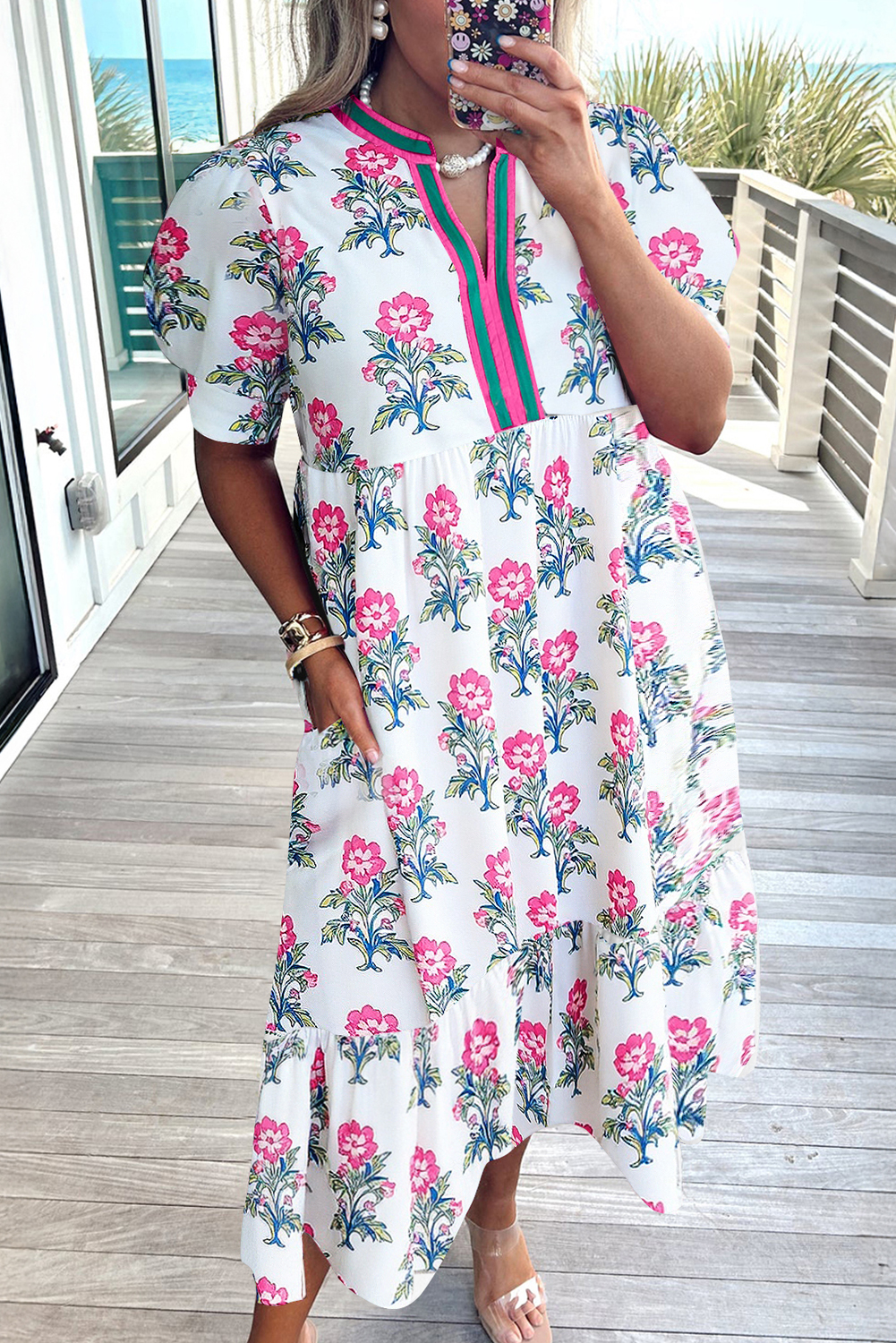 Plus Size White Allover Print Contrast Split Neckline Short Puff Sleeve Curvy Dress