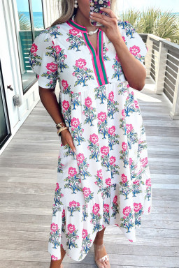 Plus Size White Allover Print Contrast Split Neckline Short Puff Sleeve Curvy Dress