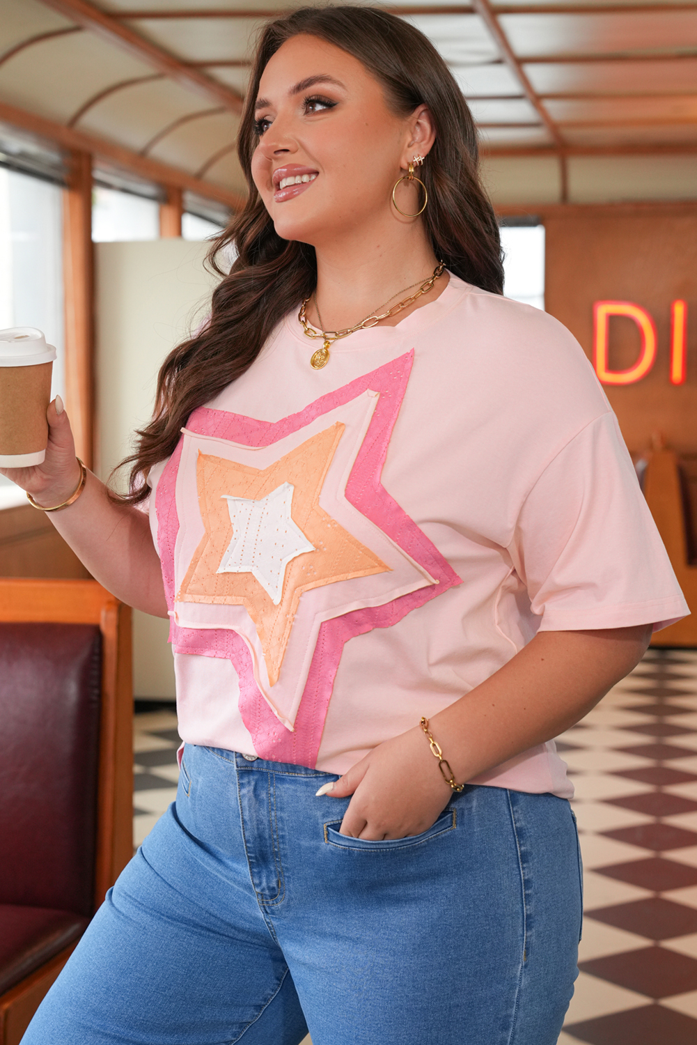 Plus Size Light Pink Eyelet Lace Star Applique  T Shirt