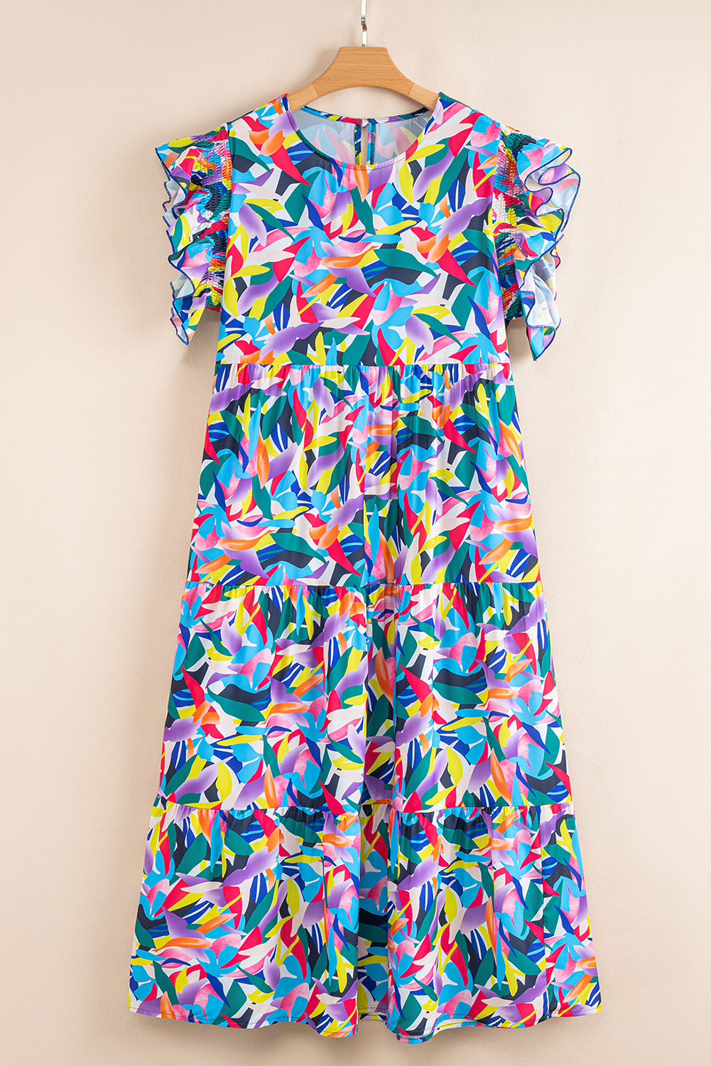 Plus Size Blue Geometric Print Ruffled Short Sleeve  Tiered Maxi Dress