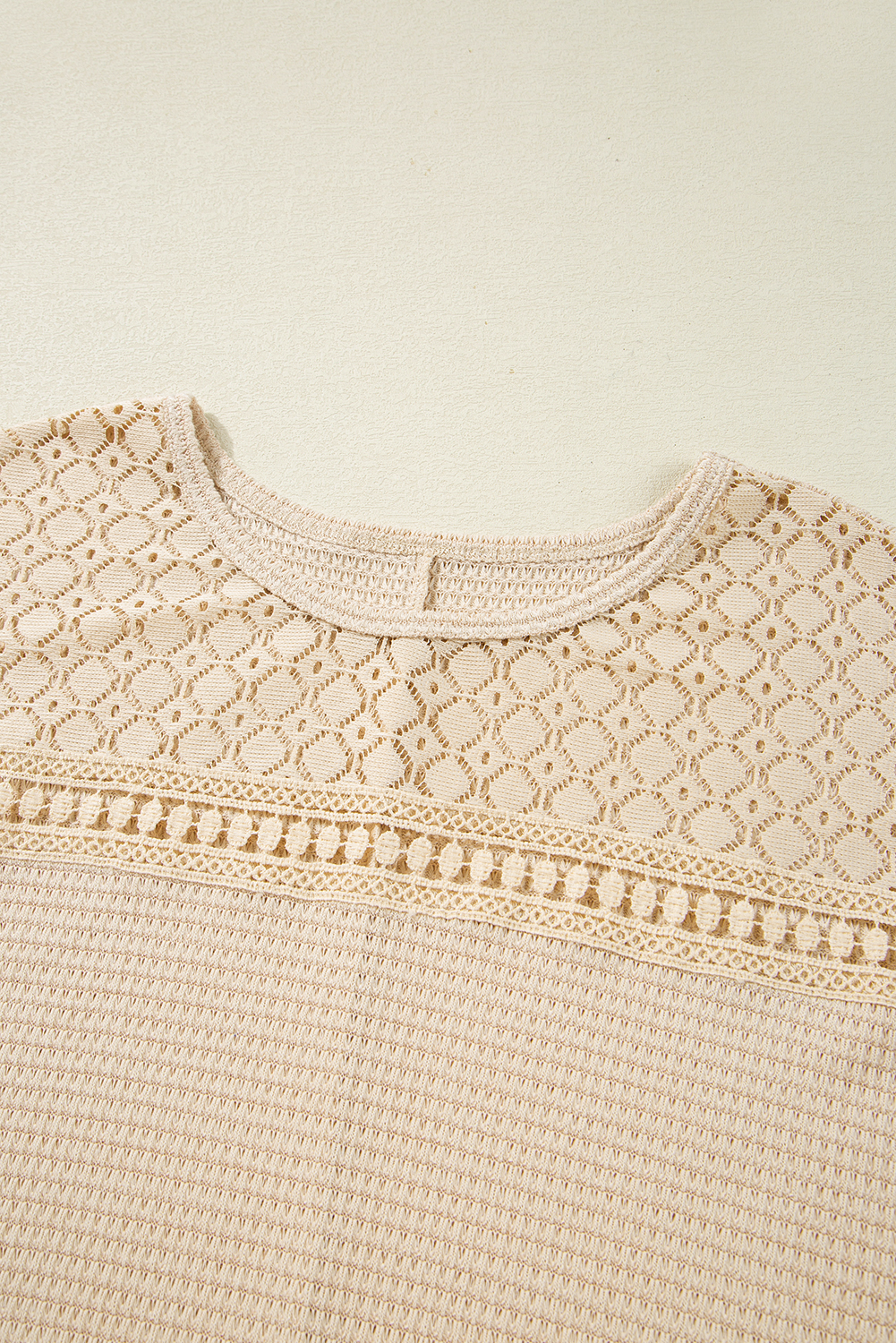 Plus Size Oatmeal Lace Patchwork Waffle Short Sleeve  Top