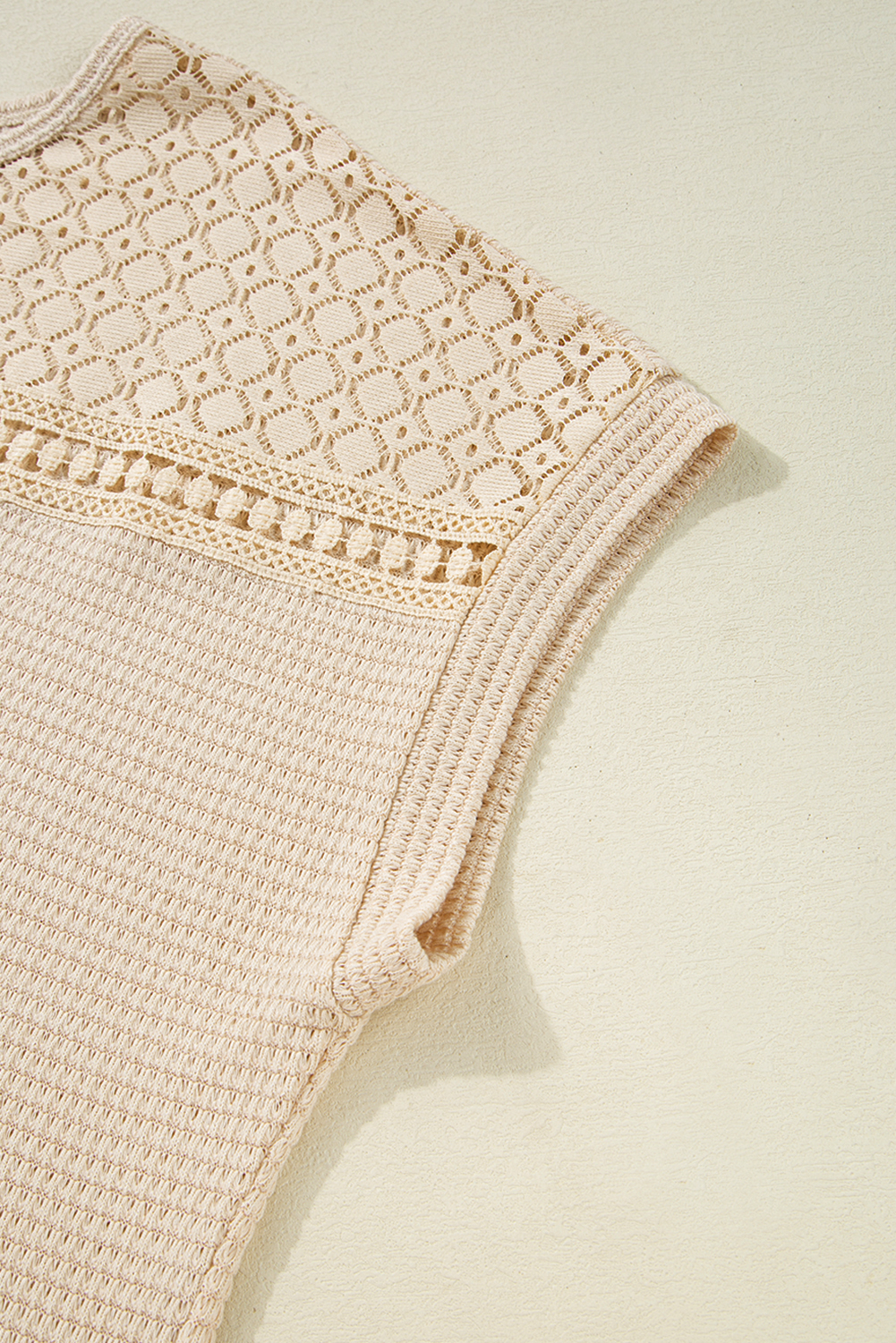 Plus Size Oatmeal Lace Patchwork Waffle Short Sleeve  Top