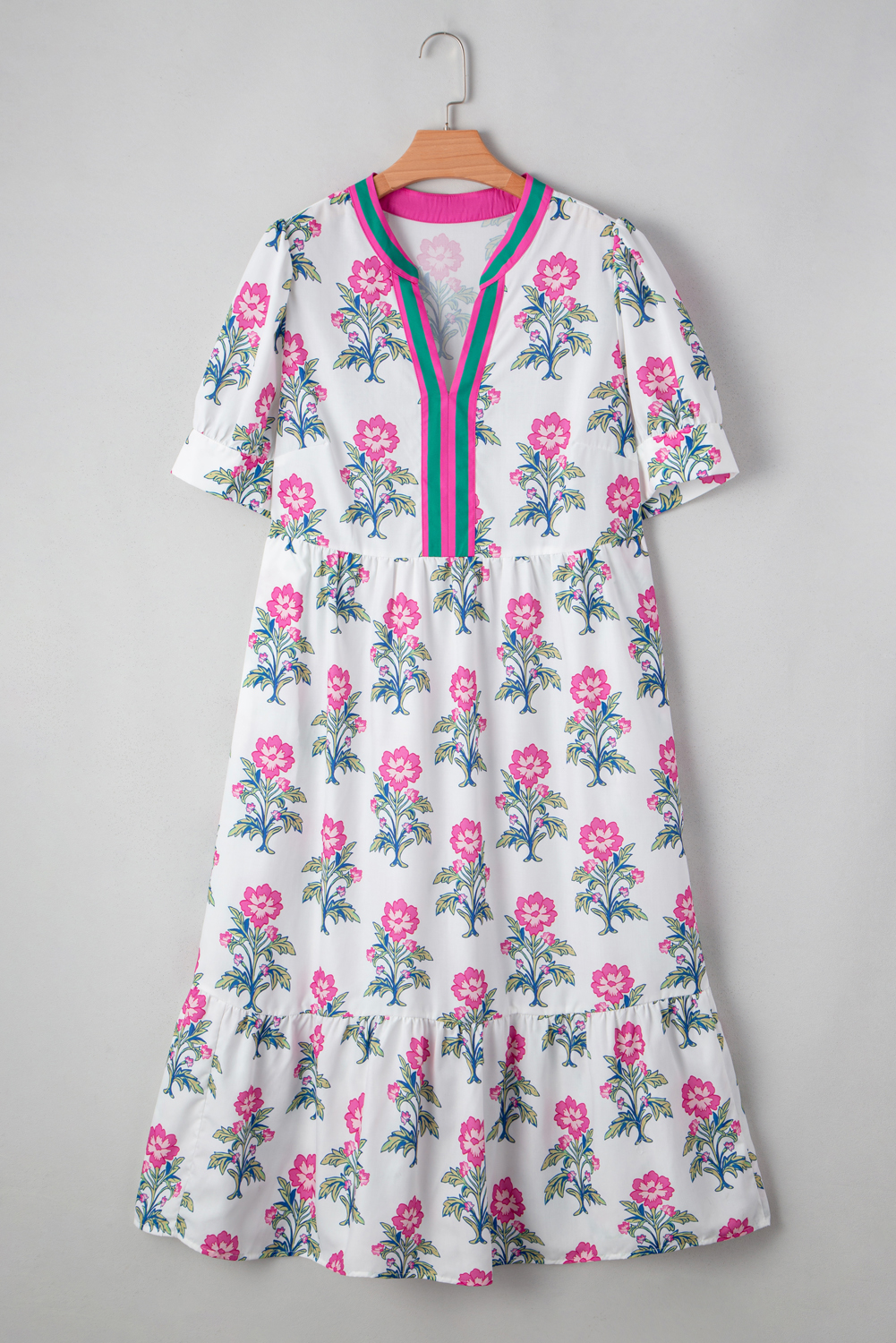 Big Size White Allover Print Contrast Split Neckline Short Puff Sleeve Curvy Dress