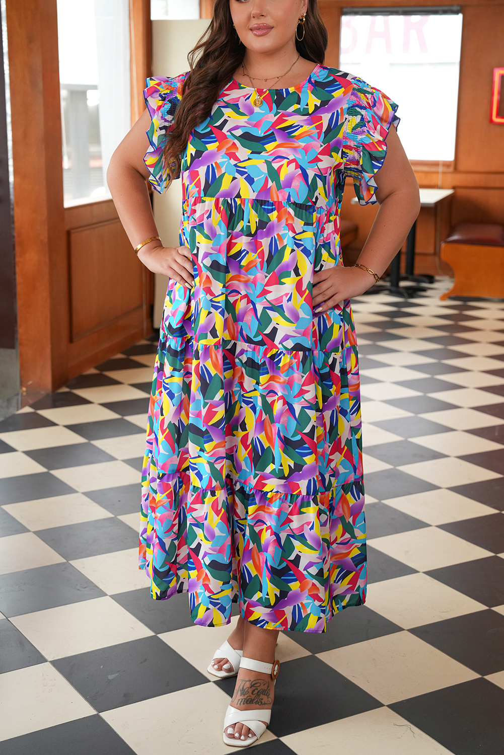 Plus Size Blue Geometric Print Ruffled Short Sleeve  Tiered Maxi Dress