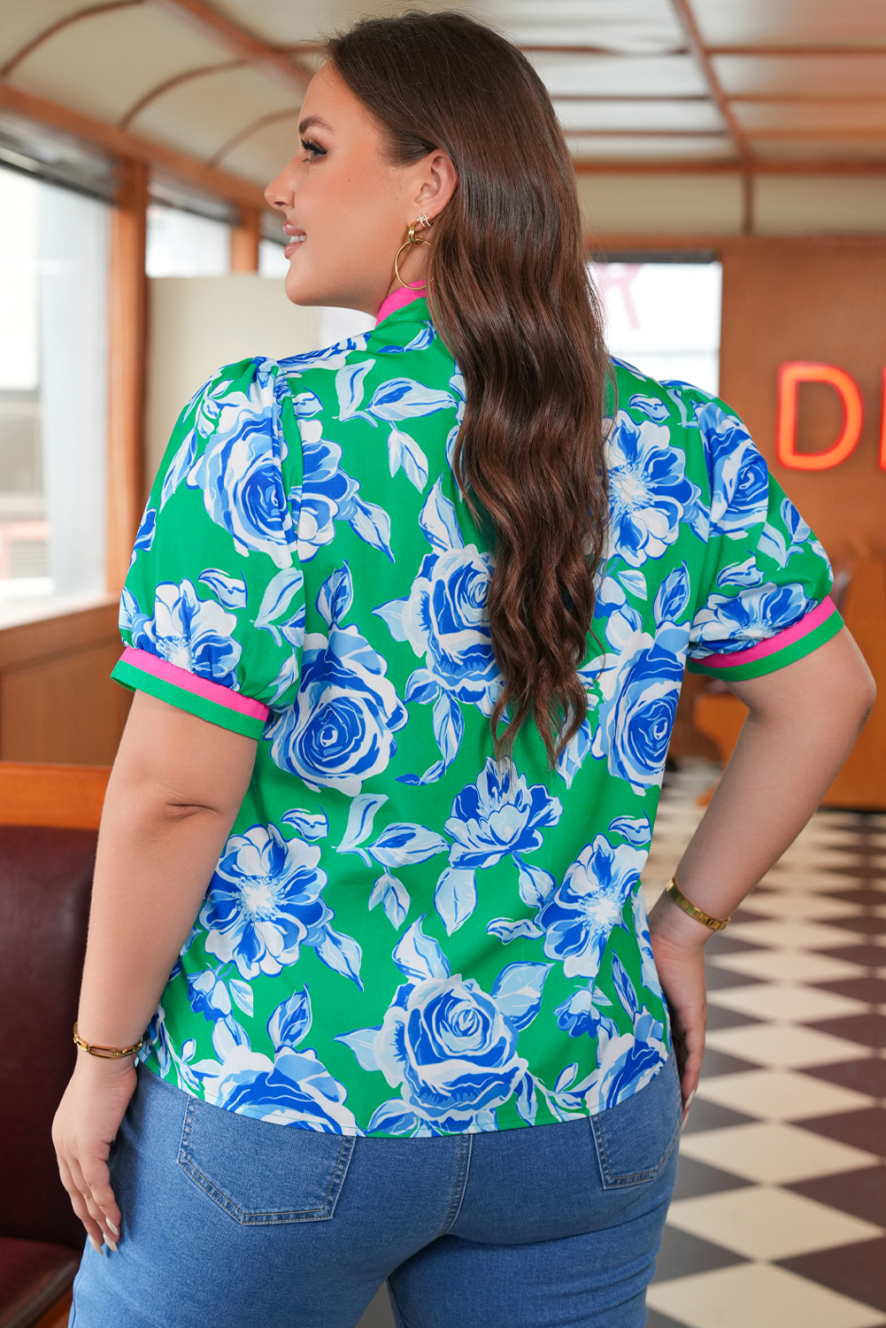 Big Size Green Floral Print Short Puff Sleeve  Top