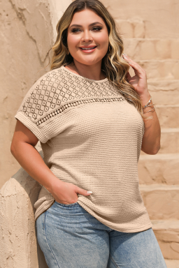 Curvy Size Oatmeal Lace Patchwork Waffle Short Sleeve Top