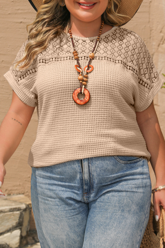 Plus Size Oatmeal Lace Patchwork Waffle Short Sleeve  Top