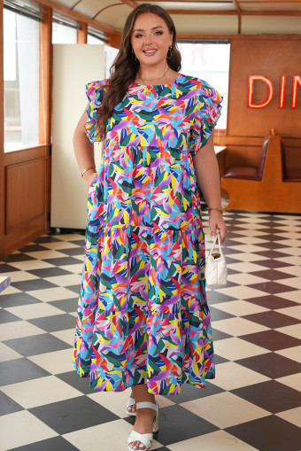 Plus Size Blue Geometric Print Ruffled Short Sleeve  Tiered Maxi Dress