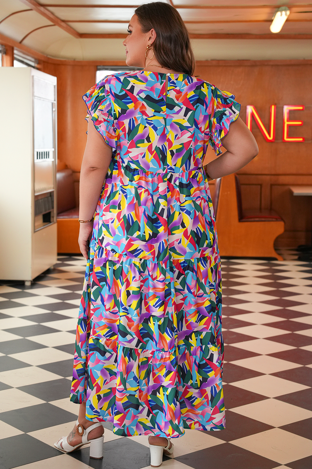 Plus Size Blue Geometric Print Ruffled Short Sleeve  Tiered Maxi Dress