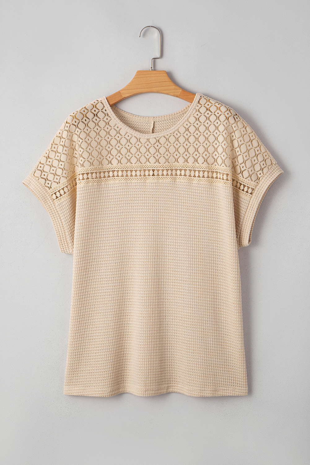 Plus Size Oatmeal Lace Patchwork Waffle Short Sleeve  Top
