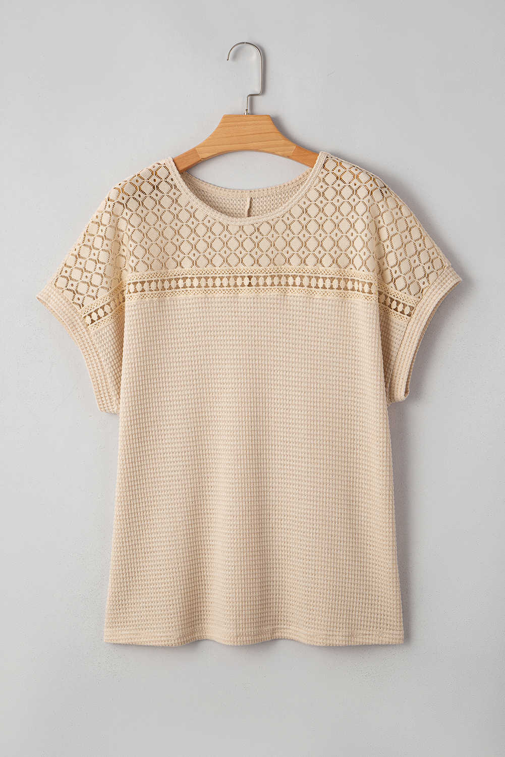 Plus Size Oatmeal Lace Patchwork Waffle Short Sleeve  Top